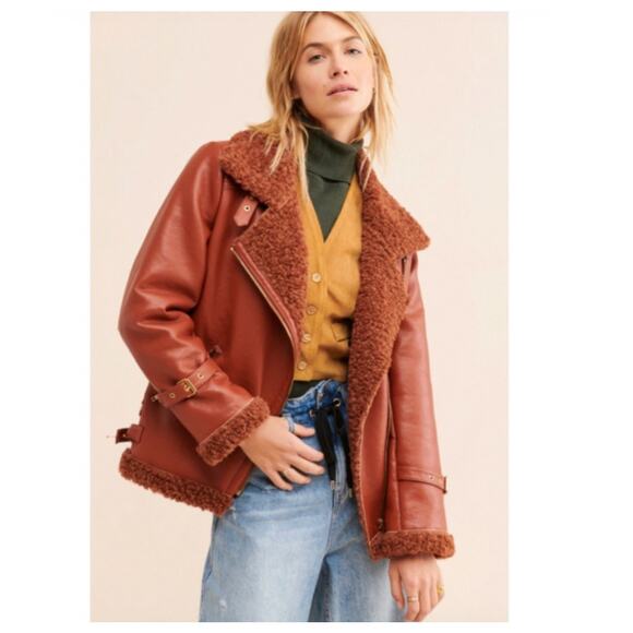 Hutch Rhys Moto Jacket Faux Leather Chestnut Size Small - Picture 1 of 8